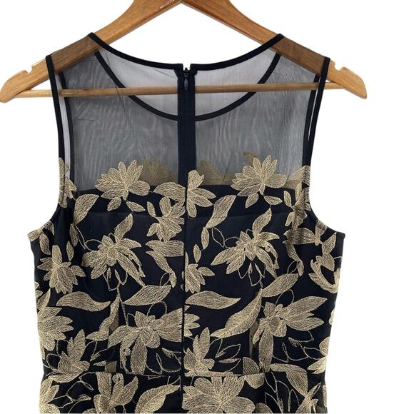 Tahari Embroidered Metallic Floral Illusion Gold Black Cocktail Dress Size 6 - Picture 9 of 16